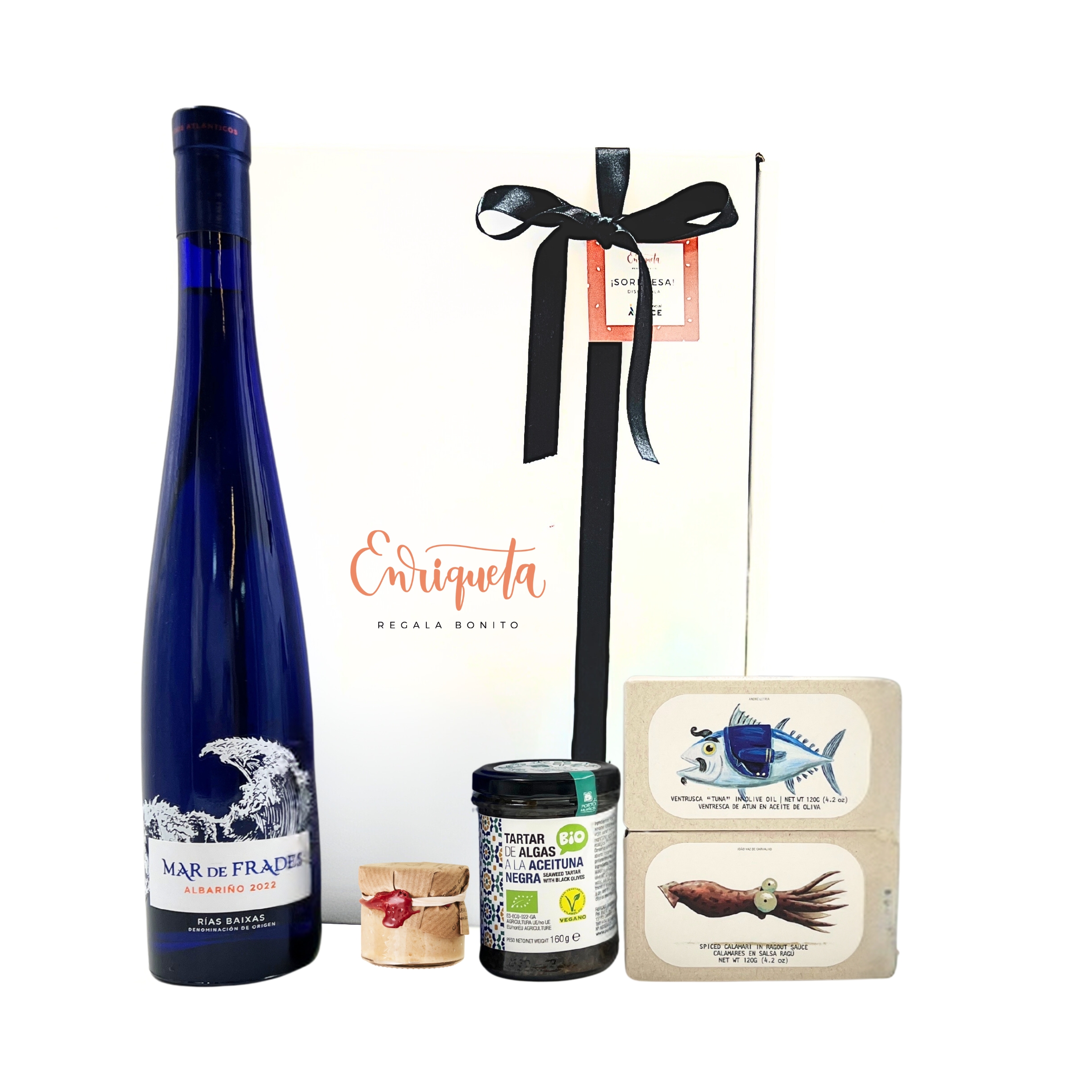 Pack gourmet compuesto por paquete de espaguetis del mar, botella de vino blanco Mar de Frades, tartar de algas de aceitunas negras y conservas de ventresca y calamares image number null